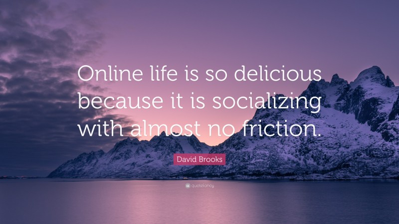 David Brooks Quote: “Online life is so delicious because it is socializing with almost no friction.”