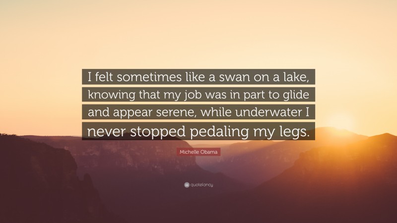 Michelle Obama Quote: “I felt sometimes like a swan on a lake, knowing that my job was in part to glide and appear serene, while underwater I never stopped pedaling my legs.”