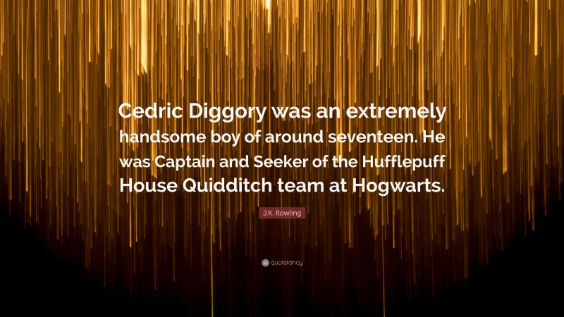 Cedric Diggory was an extremely handsome boy of around seventeen. He was Captain and Seeker of the Hufflepuff House Quidditch team at Hogwarts.