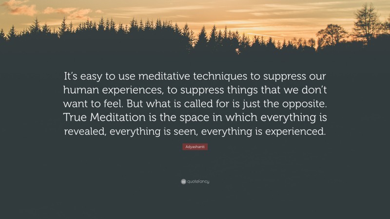 Adyashanti Quote: “It’s easy to use meditative techniques to suppress our human experiences, to suppress things that we don’t want to feel. But what is called for is just the opposite. True Meditation is the space in which everything is revealed, everything is seen, everything is experienced.”