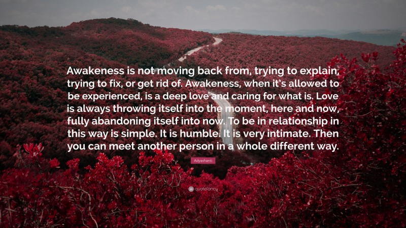 Adyashanti Quote: “Awakeness is not moving back from, trying to explain, trying to fix, or get rid of. Awakeness, when it’s allowed to be experienced, is a deep love and caring for what is. Love is always throwing itself into the moment, here and now, fully abandoning itself into now. To be in relationship in this way is simple. It is humble. It is very intimate. Then you can meet another person in a whole different way.”