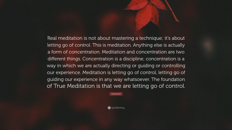 Adyashanti Quote: “Real meditation is not about mastering a technique; it’s about letting go of control. This is meditation. Anything else is actually a form of concentration. Meditation and concentration are two different things. Concentration is a discipline; concentration is a way in which we are actually directing or guiding or controlling our experience. Meditation is letting go of control, letting go of guiding our experience in any way whatsoever. The foundation of True Meditation is that we are letting go of control.”