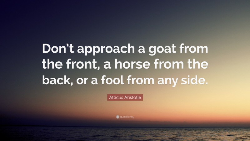 Atticus Aristotle Quote: “Don’t approach a goat from the front, a horse from the back, or a fool from any side.”