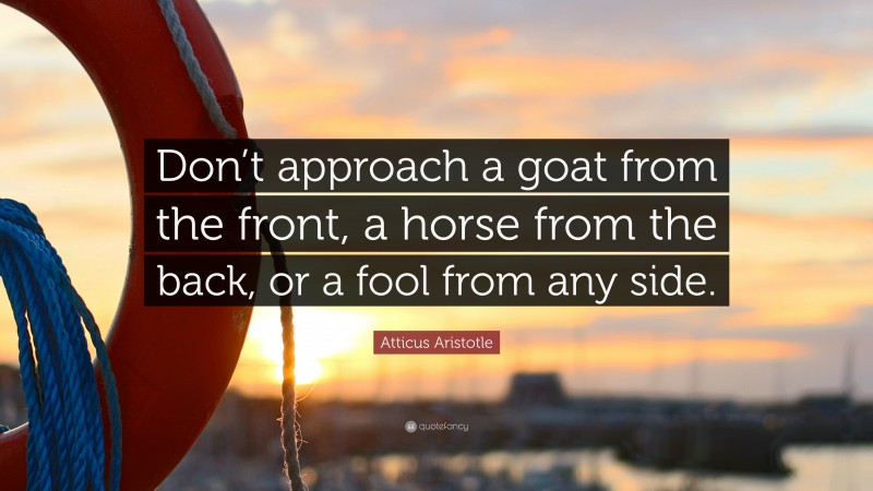 Atticus Aristotle Quote: “Don’t approach a goat from the front, a horse from the back, or a fool from any side.”