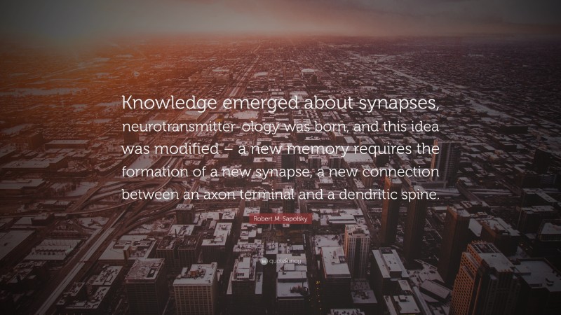 Robert M. Sapolsky Quote: “Knowledge emerged about synapses, neurotransmitter-ology was born, and this idea was modified – a new memory requires the formation of a new synapse, a new connection between an axon terminal and a dendritic spine.”