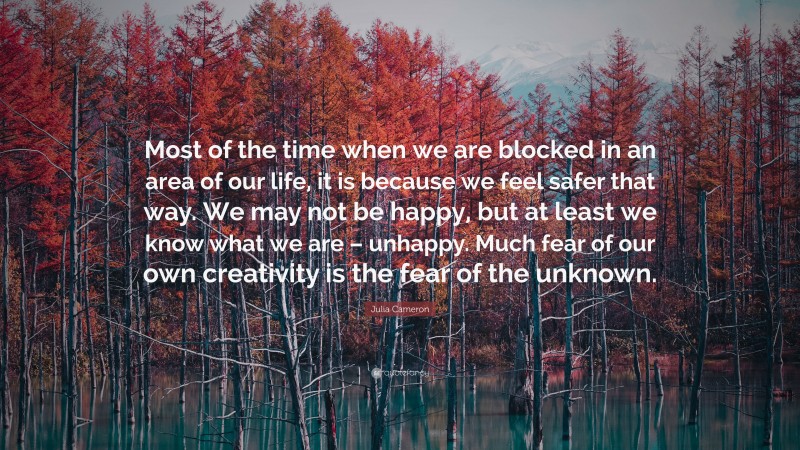 Julia Cameron Quote: “Most of the time when we are blocked in an area of our life, it is because we feel safer that way. We may not be happy, but at least we know what we are – unhappy. Much fear of our own creativity is the fear of the unknown.”