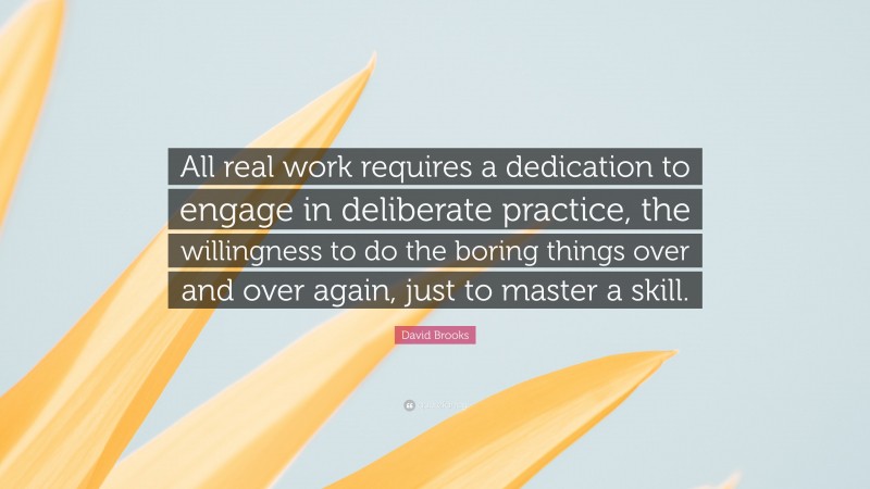 David Brooks Quote: “All real work requires a dedication to engage in deliberate practice, the willingness to do the boring things over and over again, just to master a skill.”