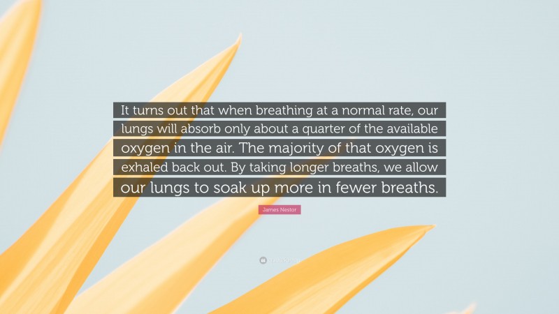 James Nestor Quote: “It turns out that when breathing at a normal rate, our lungs will absorb only about a quarter of the available oxygen in the air. The majority of that oxygen is exhaled back out. By taking longer breaths, we allow our lungs to soak up more in fewer breaths.”