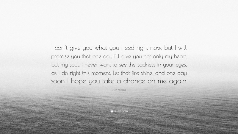 A.M. Willard Quote: “I can’t give you what you need right now, but I will promise you that one day I’ll give you not only my heart, but my soul. I never want to see the sadness in your eyes, as I do right this moment. Let that fire shine, and one day soon I hope you take a chance on me again.”