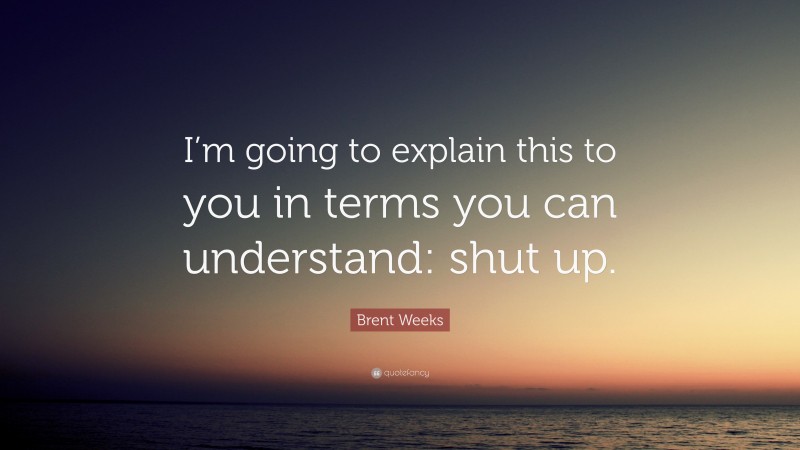Brent Weeks Quote: “I’m going to explain this to you in terms you can understand: shut up.”