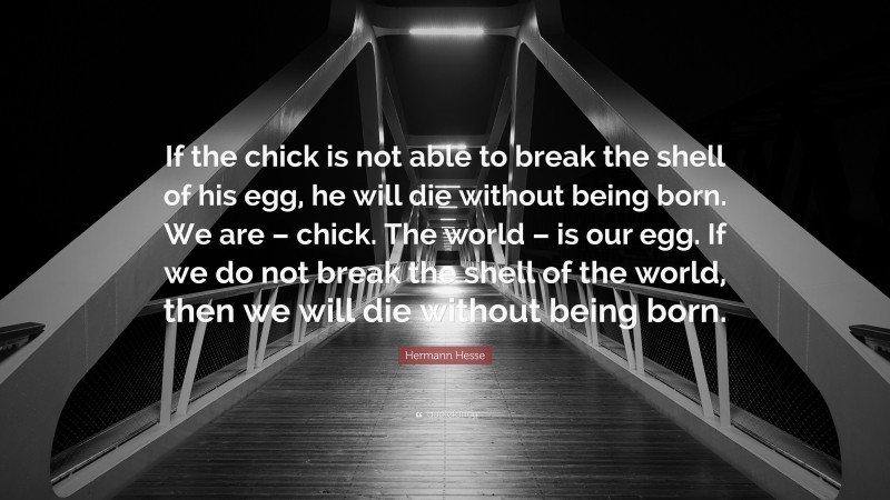 Hermann Hesse Quote: “If the chick is not able to break the shell of his egg, he will die without being born. We are – chick. The world – is our egg. If we do not break the shell of the world, then we will die without being born.”