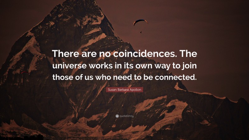 Susan Barbara Apollon Quote: “There are no coincidences. The universe works in its own way to join those of us who need to be connected.”