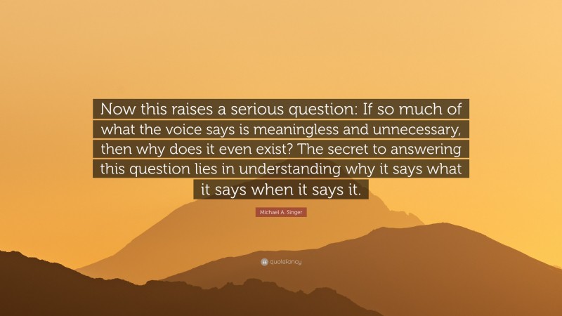 Michael A. Singer Quote: “Now this raises a serious question: If so much of what the voice says is meaningless and unnecessary, then why does it even exist? The secret to answering this question lies in understanding why it says what it says when it says it.”