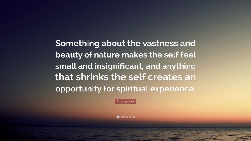 Anonymous Quote: “Something about the vastness and beauty of nature makes the self feel small and insignificant, and anything that shrinks the self creates an opportunity for spiritual experience.”