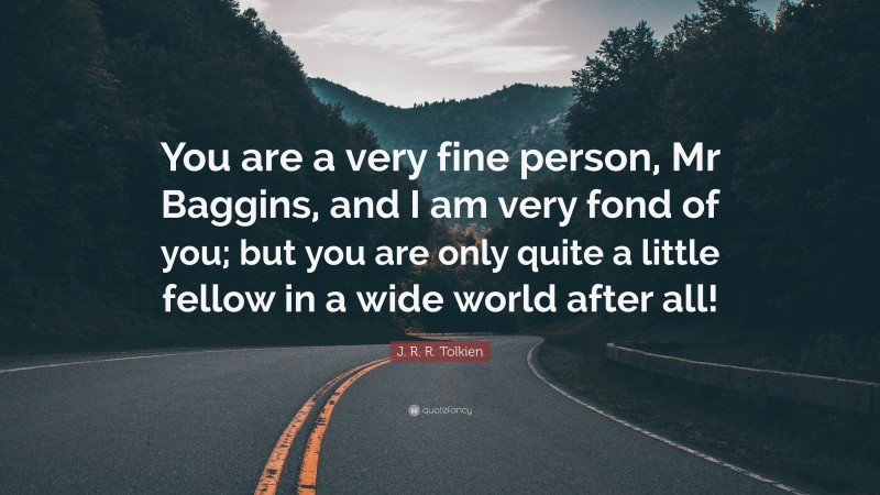 J. R. R. Tolkien Quote: “You are a very fine person, Mr Baggins, and I am very fond of you; but you are only quite a little fellow in a wide world after all!”