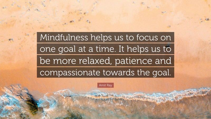 Amit Ray Quote: “Mindfulness helps us to focus on one goal at a time. It helps us to be more relaxed, patience and compassionate towards the goal.”