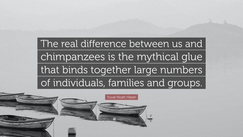 Yuval Noah Harari Quote: “The real difference between us and chimpanzees is the mythical glue that binds together large numbers of individuals, families and groups.”