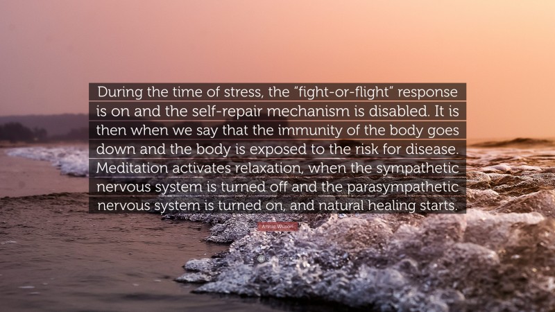 Annie Wilson Quote: “During the time of stress, the “fight-or-flight” response is on and the self-repair mechanism is disabled. It is then when we say that the immunity of the body goes down and the body is exposed to the risk for disease. Meditation activates relaxation, when the sympathetic nervous system is turned off and the parasympathetic nervous system is turned on, and natural healing starts.”