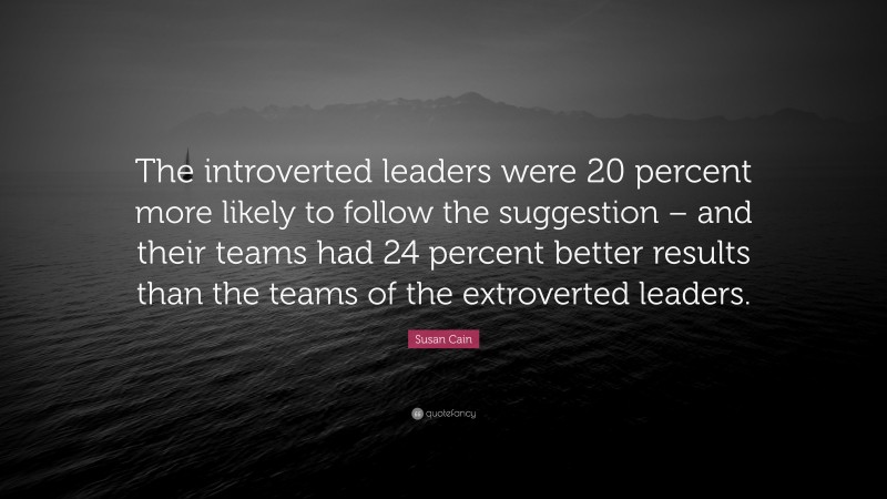 Susan Cain Quote: “The introverted leaders were 20 percent more likely to follow the suggestion – and their teams had 24 percent better results than the teams of the extroverted leaders.”