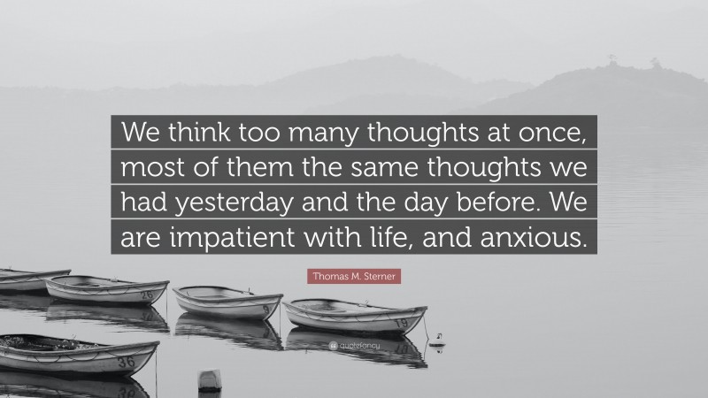 Thomas M. Sterner Quote: “We think too many thoughts at once, most of them the same thoughts we had yesterday and the day before. We are impatient with life, and anxious.”