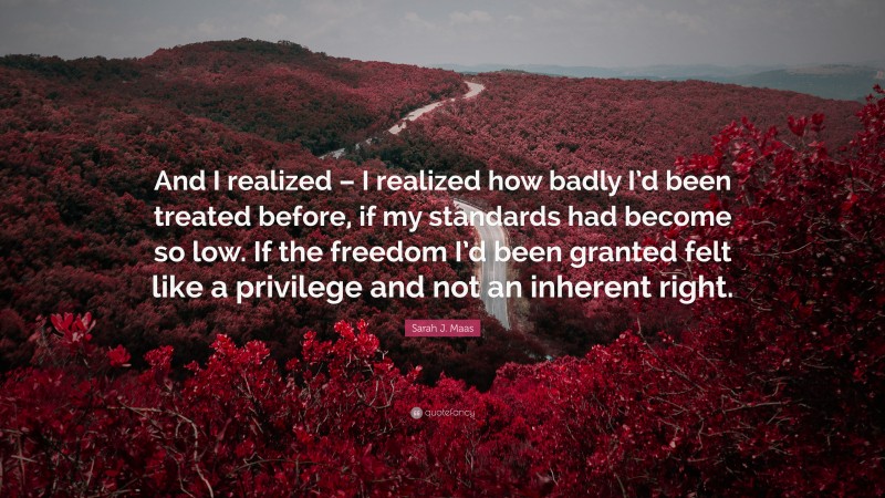 Sarah J. Maas Quote: “And I realized – I realized how badly I’d been treated before, if my standards had become so low. If the freedom I’d been granted felt like a privilege and not an inherent right.”