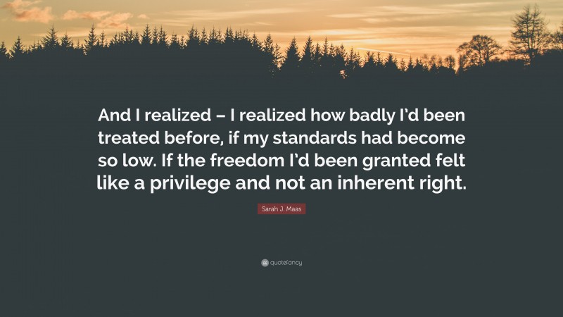 Sarah J. Maas Quote: “And I realized – I realized how badly I’d been treated before, if my standards had become so low. If the freedom I’d been granted felt like a privilege and not an inherent right.”
