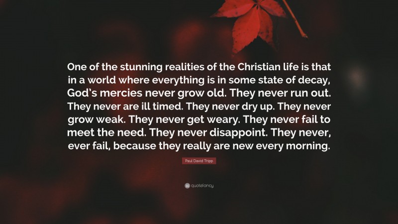 Paul David Tripp Quote: “One of the stunning realities of the Christian life is that in a world where everything is in some state of decay, God’s mercies never grow old. They never run out. They never are ill timed. They never dry up. They never grow weak. They never get weary. They never fail to meet the need. They never disappoint. They never, ever fail, because they really are new every morning.”