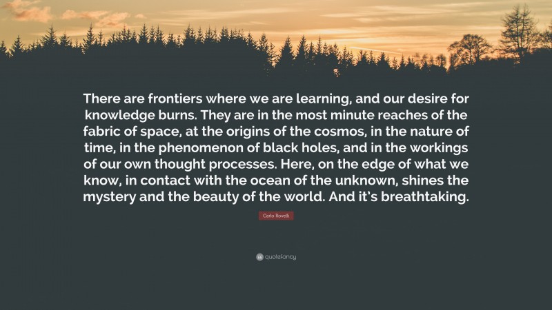 Carlo Rovelli Quote: “There are frontiers where we are learning, and our desire for knowledge burns. They are in the most minute reaches of the fabric of space, at the origins of the cosmos, in the nature of time, in the phenomenon of black holes, and in the workings of our own thought processes. Here, on the edge of what we know, in contact with the ocean of the unknown, shines the mystery and the beauty of the world. And it’s breathtaking.”