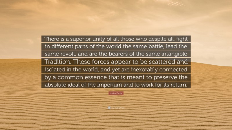 Julius Evola Quote: “There is a superior unity of all those who despite all, fight in different parts of the world the same battle, lead the same revolt, and are the bearers of the same intangible Tradition. These forces appear to be scattered and isolated in the world, and yet are inexorably connected by a common essence that is meant to preserve the absolute ideal of the Imperium and to work for its return.”