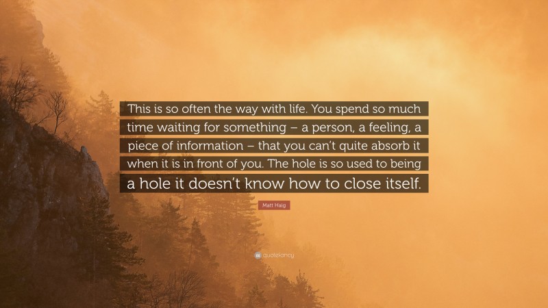 Matt Haig Quote: “This is so often the way with life. You spend so much time waiting for something – a person, a feeling, a piece of information – that you can’t quite absorb it when it is in front of you. The hole is so used to being a hole it doesn’t know how to close itself.”