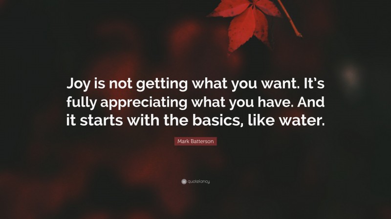 Mark Batterson Quote: “Joy is not getting what you want. It’s fully appreciating what you have. And it starts with the basics, like water.”