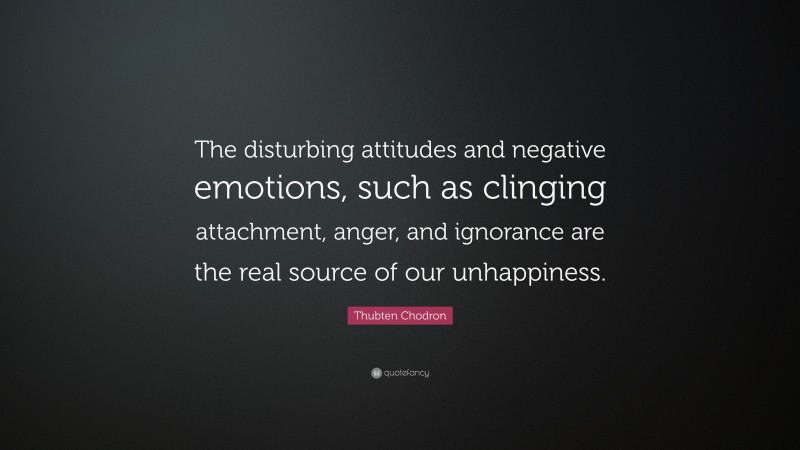 Thubten Chodron Quote: “The disturbing attitudes and negative emotions, such as clinging attachment, anger, and ignorance are the real source of our unhappiness.”