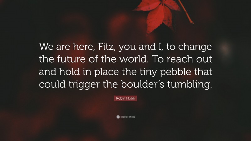 Robin Hobb Quote: “We are here, Fitz, you and I, to change the future of the world. To reach out and hold in place the tiny pebble that could trigger the boulder’s tumbling.”