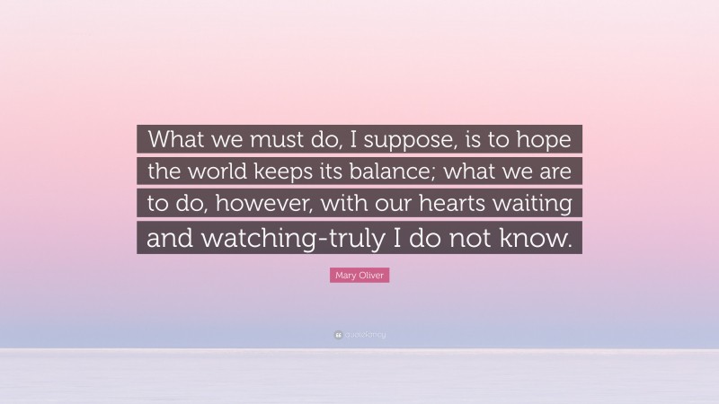 Mary Oliver Quote: “What we must do, I suppose, is to hope the world keeps its balance; what we are to do, however, with our hearts waiting and watching-truly I do not know.”
