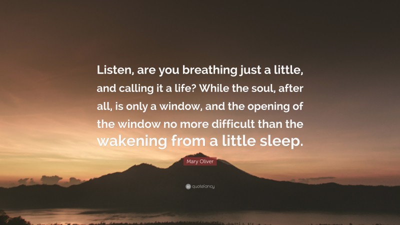 Mary Oliver Quote: “Listen, are you breathing just a little, and calling it a life? While the soul, after all, is only a window, and the opening of the window no more difficult than the wakening from a little sleep.”
