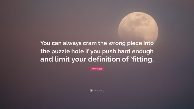 Amy Reed Quote: “You can always cram the wrong piece into the puzzle hole if you push hard enough and limit your definition of ’fitting.”