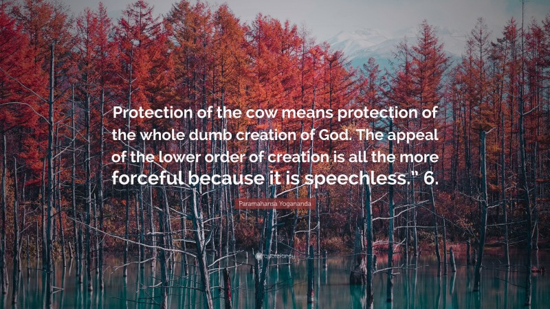 Paramahansa Yogananda Quote: “Protection of the cow means protection of the whole dumb creation of God. The appeal of the lower order of creation is all the more forceful because it is speechless.” 6.”
