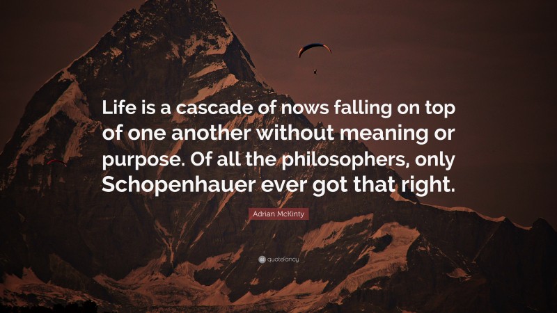 Adrian McKinty Quote: “Life is a cascade of nows falling on top of one another without meaning or purpose. Of all the philosophers, only Schopenhauer ever got that right.”