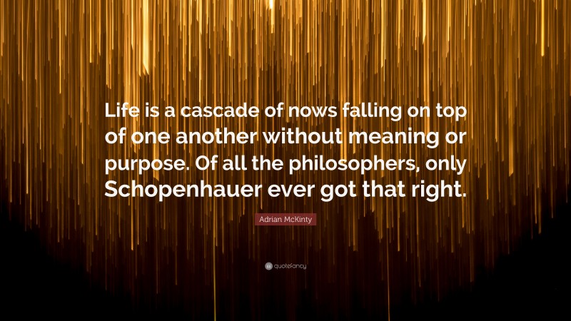 Adrian McKinty Quote: “Life is a cascade of nows falling on top of one another without meaning or purpose. Of all the philosophers, only Schopenhauer ever got that right.”