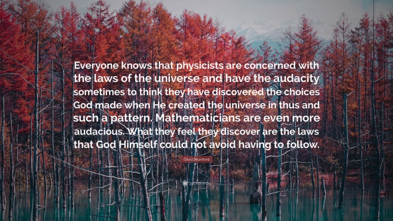 David Mumford Quote: “Everyone knows that physicists are concerned with the laws of the universe and have the audacity sometimes to think they have discovered the choices God made when He created the universe in thus and such a pattern. Mathematicians are even more audacious. What they feel they discover are the laws that God Himself could not avoid having to follow.”