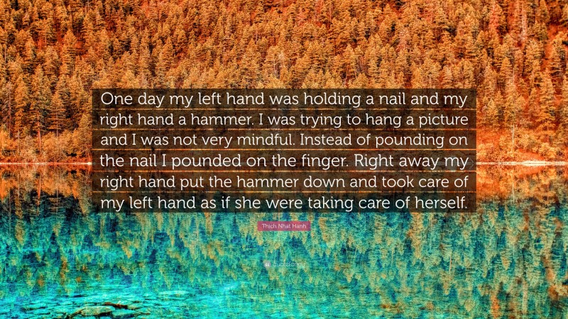 Thich Nhat Hanh Quote: “One day my left hand was holding a nail and my right hand a hammer. I was trying to hang a picture and I was not very mindful. Instead of pounding on the nail I pounded on the finger. Right away my right hand put the hammer down and took care of my left hand as if she were taking care of herself.”