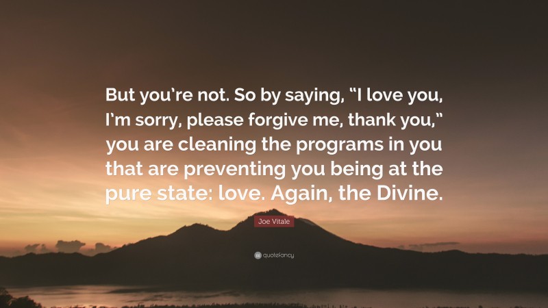 Joe Vitale Quote: “But you’re not. So by saying, “I love you, I’m sorry, please forgive me, thank you,” you are cleaning the programs in you that are preventing you being at the pure state: love. Again, the Divine.”