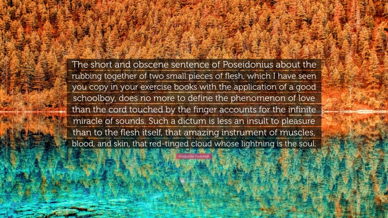 Marguerite Yourcenar Quote: “The short and obscene sentence of Poseidonius about the rubbing together of two small pieces of flesh, which I have seen you copy in your exercise books with the application of a good schoolboy, does no more to define the phenomenon of love than the cord touched by the finger accounts for the infinite miracle of sounds. Such a dictum is less an insult to pleasure than to the flesh itself, that amazing instrument of muscles, blood, and skin, that red-tinged cloud whose lightning is the soul.”