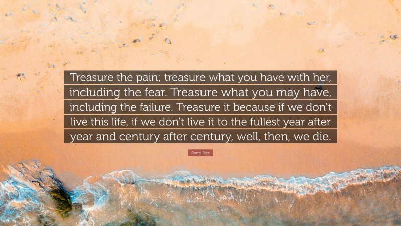 Anne Rice Quote: “Treasure the pain; treasure what you have with her, including the fear. Treasure what you may have, including the failure. Treasure it because if we don’t live this life, if we don’t live it to the fullest year after year and century after century, well, then, we die.”