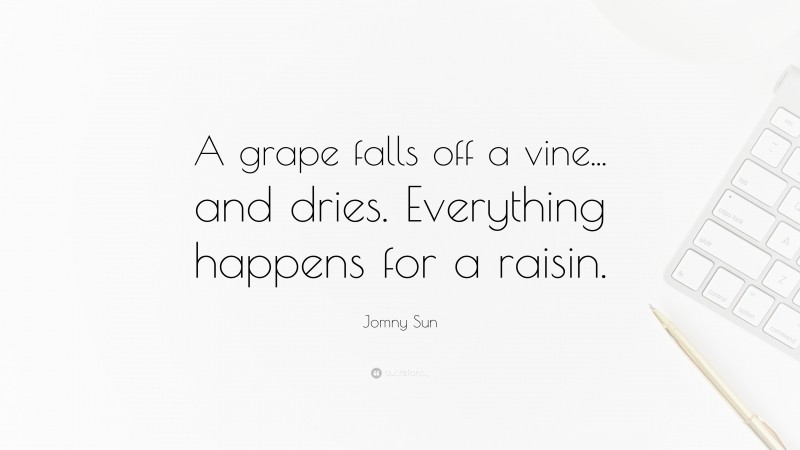 Jomny Sun Quote: “A grape falls off a vine... and dries. Everything happens for a raisin.”
