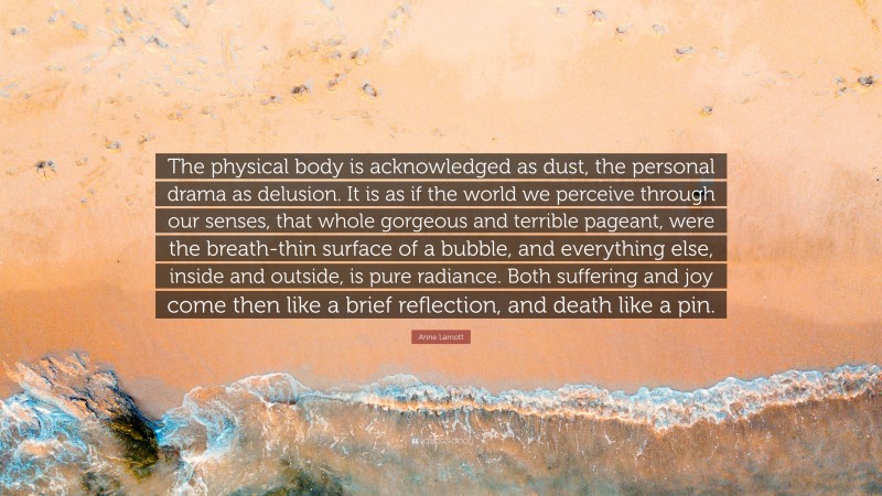 Anne Lamott Quote: “The physical body is acknowledged as dust, the personal drama as delusion. It is as if the world we perceive through our senses, that whole gorgeous and terrible pageant, were the breath-thin surface of a bubble, and everything else, inside and outside, is pure radiance. Both suffering and joy come then like a brief reflection, and death like a pin.”