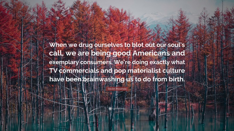 Steven Pressfield Quote: “When we drug ourselves to blot out our soul’s call, we are being good Americans and exemplary consumers. We’re doing exactly what TV commercials and pop materialist culture have been brainwashing us to do from birth.”