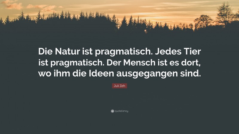 Juli Zeh Quote: “Die Natur ist pragmatisch. Jedes Tier ist pragmatisch. Der Mensch ist es dort, wo ihm die Ideen ausgegangen sind.”