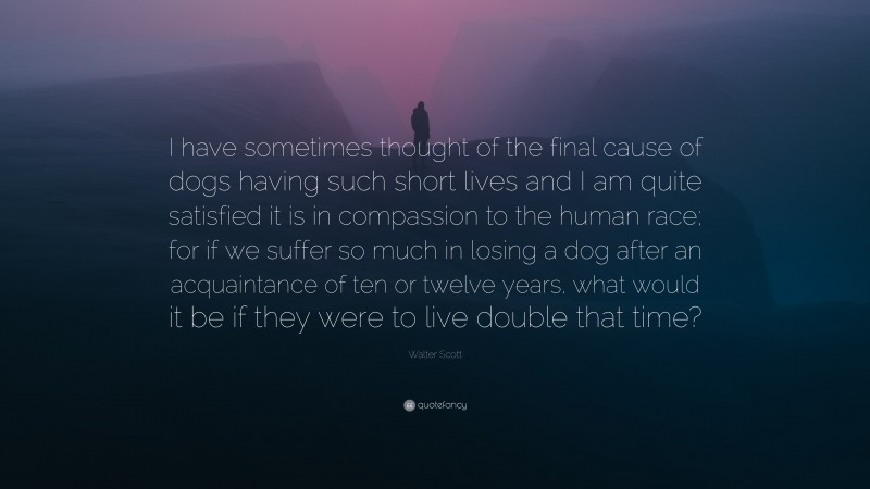 Walter Scott Quote: “I have sometimes thought of the final cause of dogs having such short lives and I am quite satisfied it is in compassion to the human race; for if we suffer so much in losing a dog after an acquaintance of ten or twelve years, what would it be if they were to live double that time?”