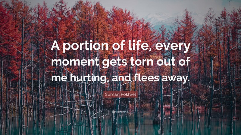 Suman Pokhrel Quote: “A portion of life, every moment gets torn out of me hurting, and flees away.”